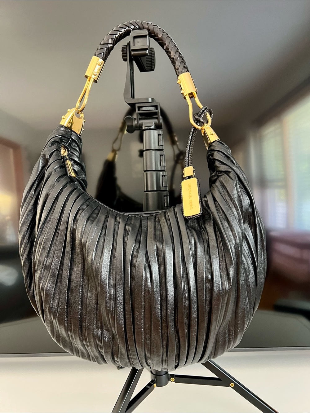 Michael Kors Collection Skorpios Crescent Pleated Black Leather hobo bag